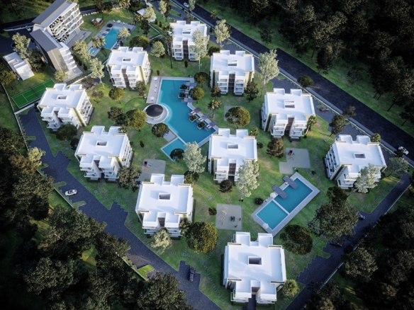 Vue aérienne du masterplan Cabo Pino, crépuscule